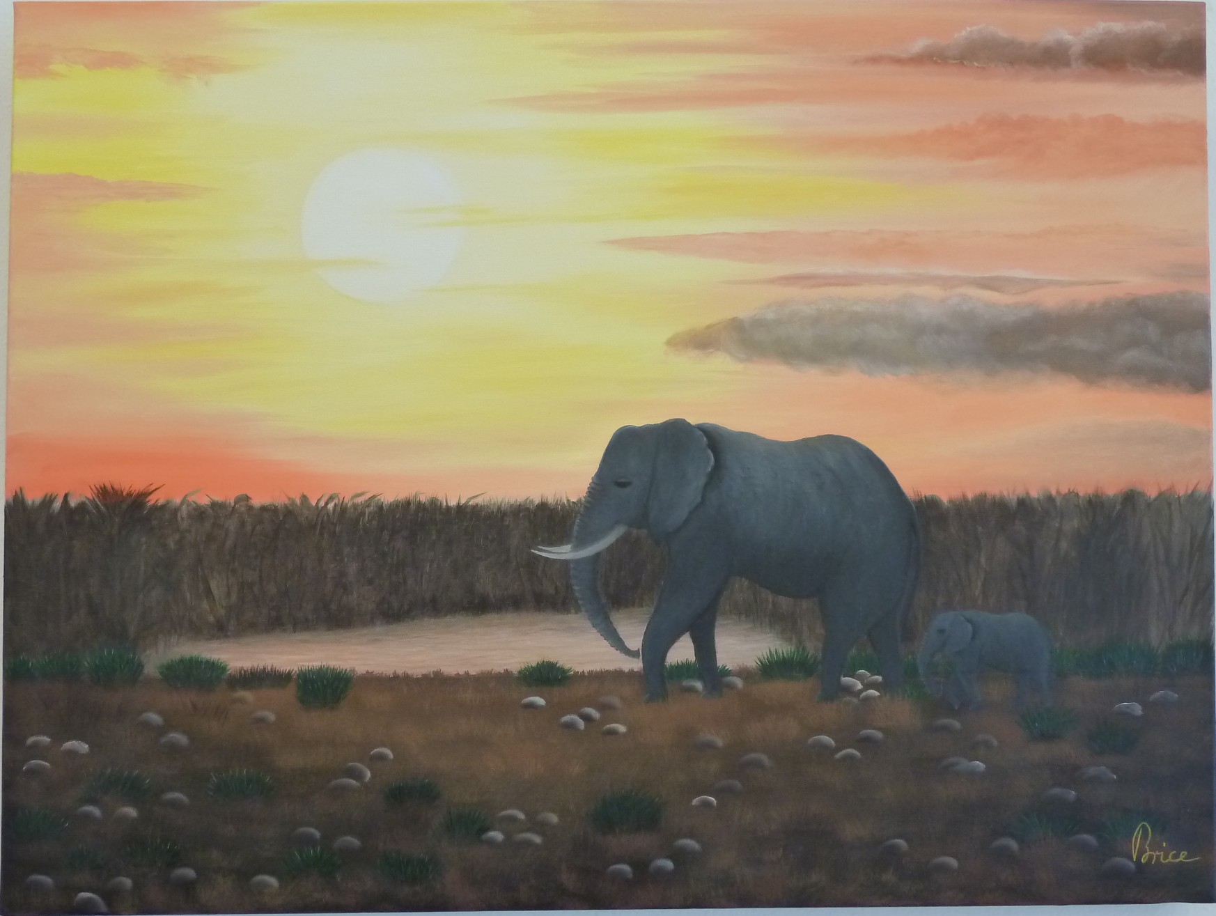 Elefantenkuh mit Jungtier in der Savanne vor einem glühenden Sonnenuntergang.
