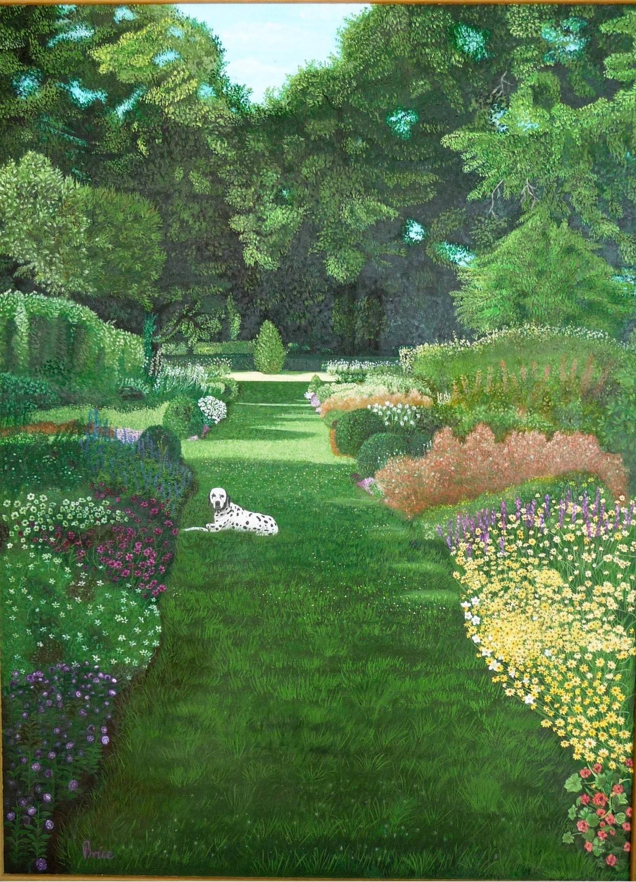 Üppiger englischer Garten mit Blumenrabatten, Rasenweg und einem liegenden Dalmatiner.