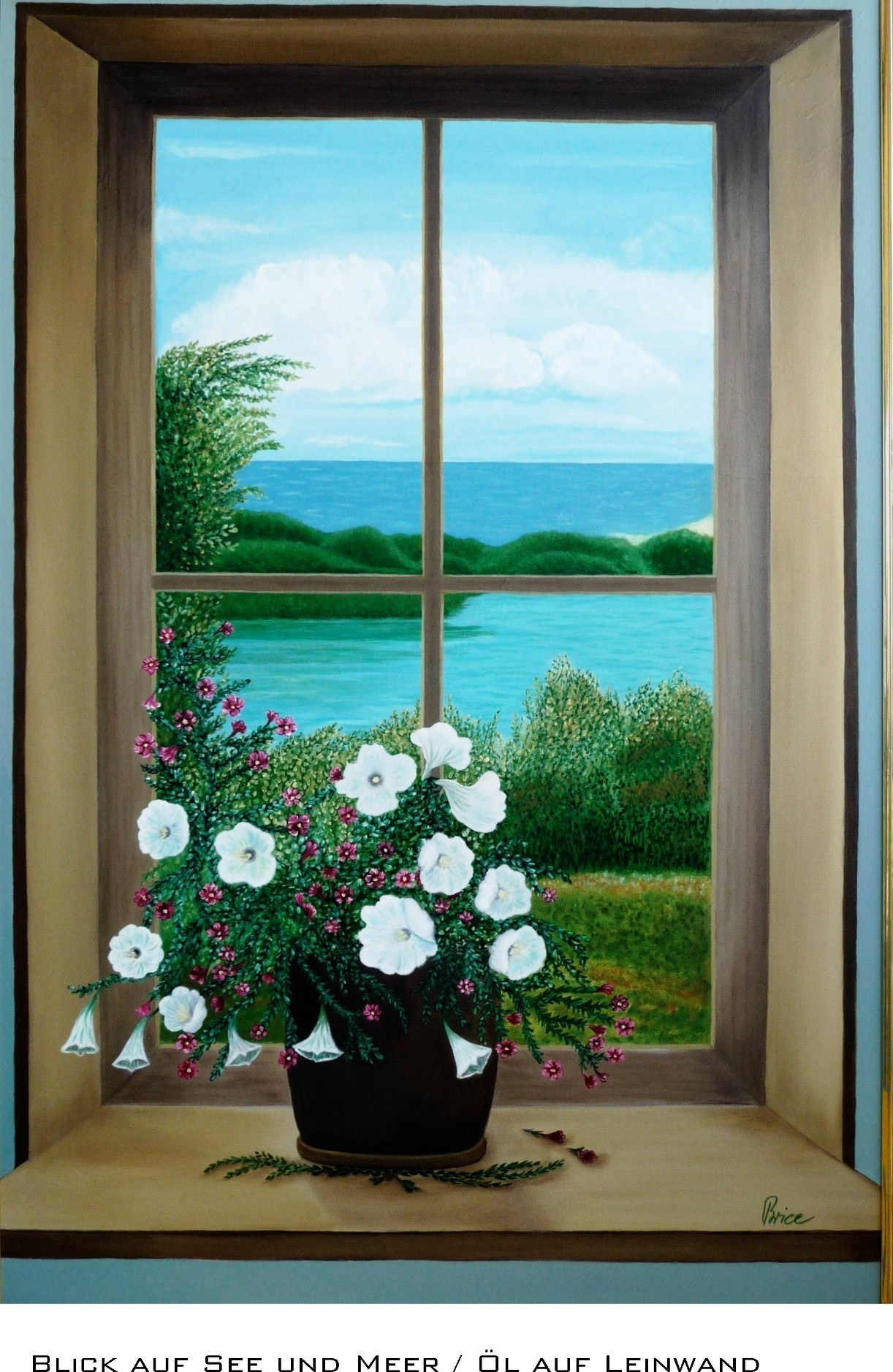 Trompe-l'œil-Fenster mit weißen Blumen auf der Bank und Blick auf See und Meer dahinter.