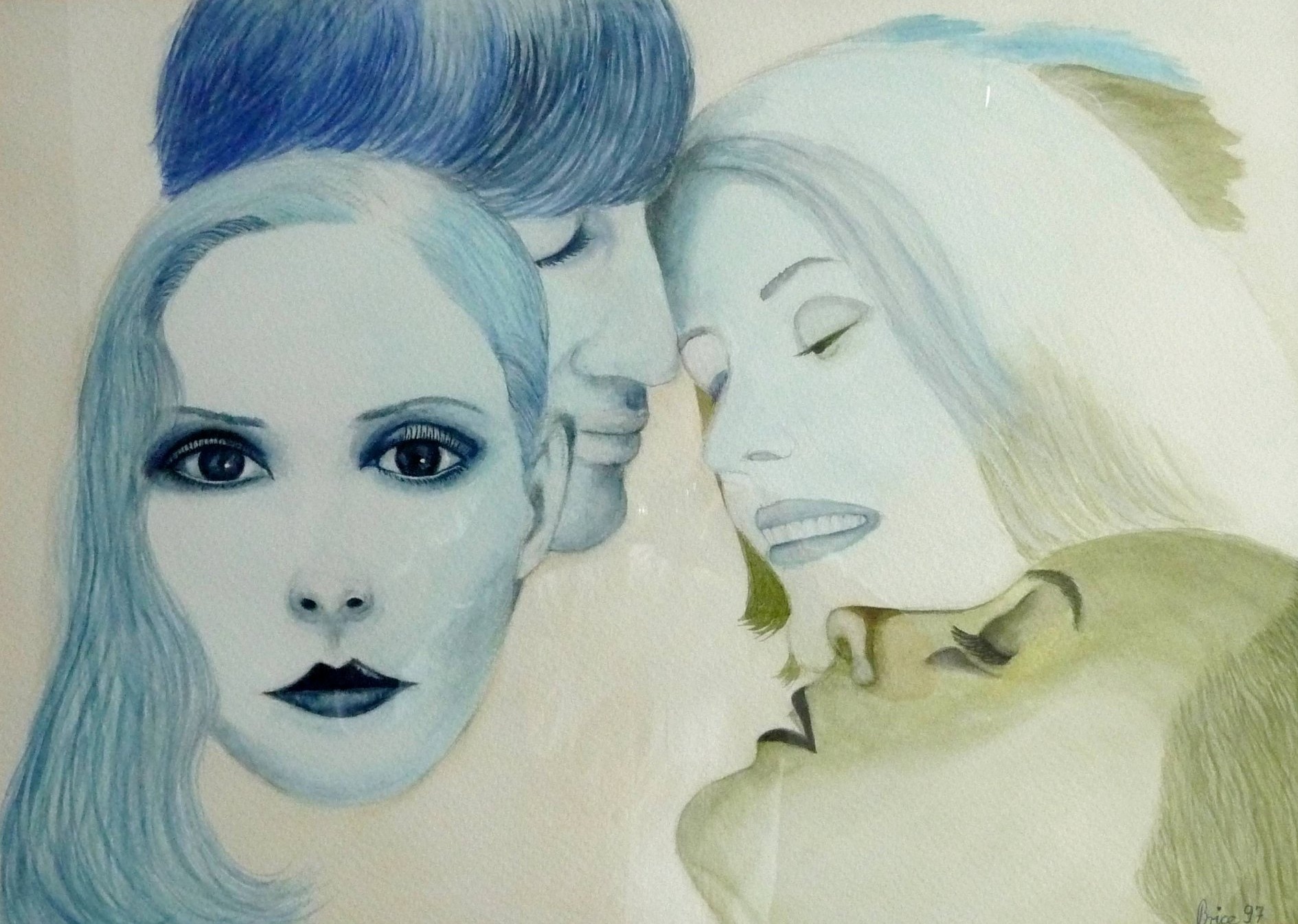 Aquarell mit drei Frauengesichtern und einem Mann in Blau- und Grüntönen ineinander verwoben.